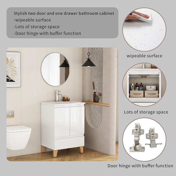 24-Inch Bathroom Vanity with Ceramic Sink Combo, Freestanding Modern Bathroom - Image 6