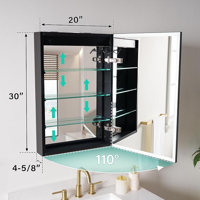 WELLFOR 20" X 30" LED Mirrored Medicine Cabinet, Medicine Cabinets - Image 2