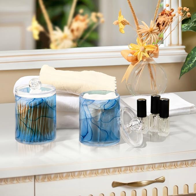 MNSRUU 2 Pack Qtip Holder Organizer Dispenser Blue Marble Fluid Art Bathroom - Image 7