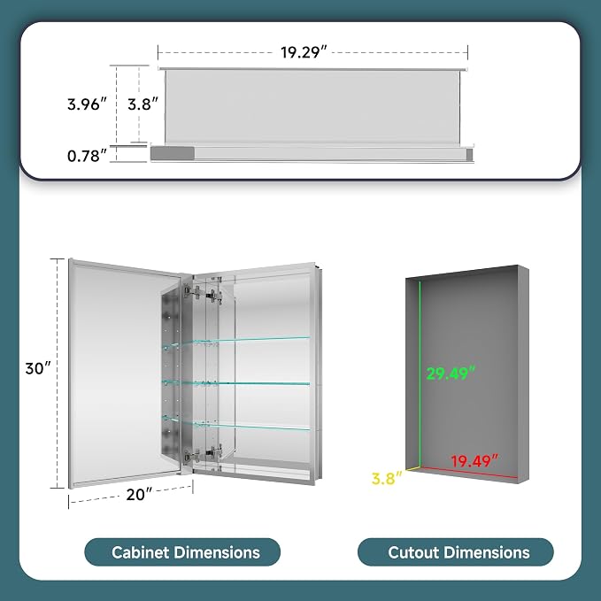 20"x30" Medicine Cabinet Mirror, Aluminum Silver Recessed Medicine Cabinet - Image 2