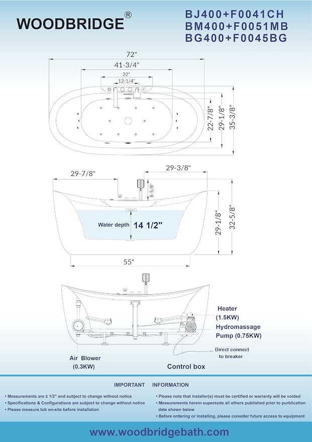 WOODBRIDGE 72" x 35-3/8" Whirlpool and Air Bath Heated Soaking Combination Tub - Image 7