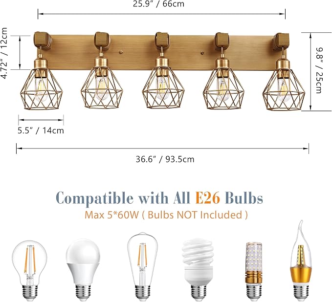 Farmhouse Bathroom Light Fixtures, 5-Light Gold Bathroom Vanity Light, Rustic - Image 4