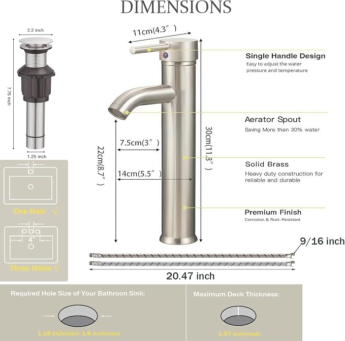 Brushed Nickel Bathroom Faucets, Vessel Sink Faucet One Hole Single Handle - Image 2