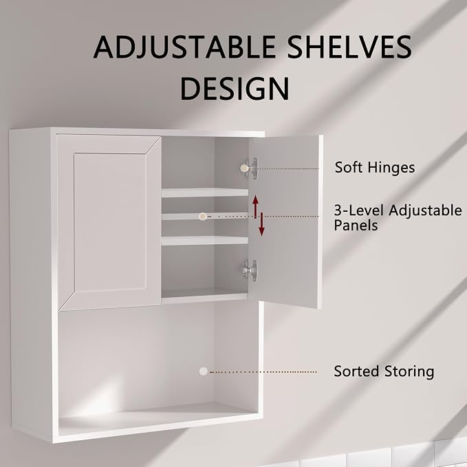 White Bathroom Wall Cabinet, Over The Toilet Storage Cabinet, Bathroom and - Image 7