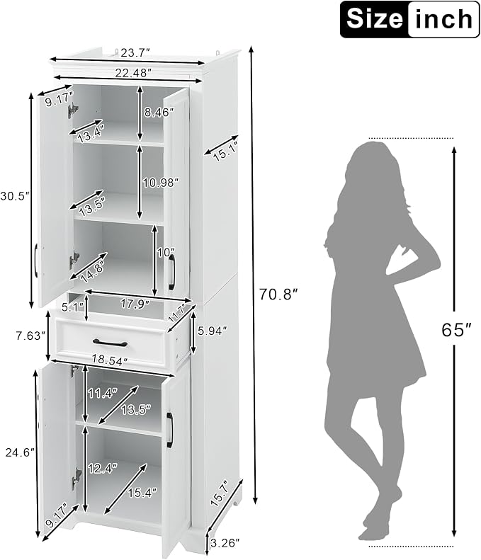 71" Tall Storage Cabinet with Doors and Drawers, Modern Wood Freestanding Tall - Image 2