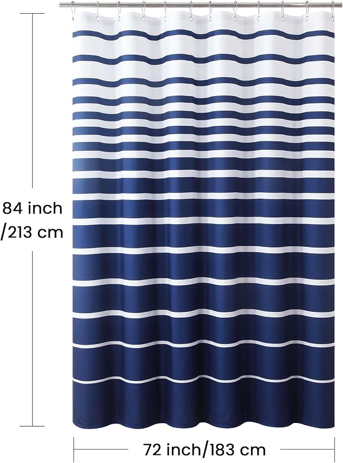 Extra Long Blue Shower Curtain, Modern Navy Blue and White Stripe Waterproof - Image 6