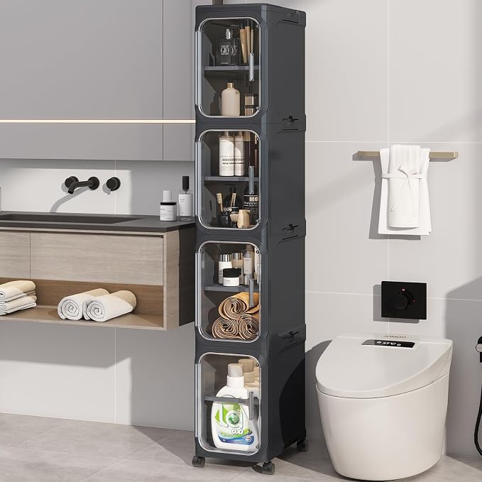 KHNR 4-Tiers Slim Bathroom Storage Cabinet, Foldable Storage Cabinets, Narrow by EnjoyYourLife