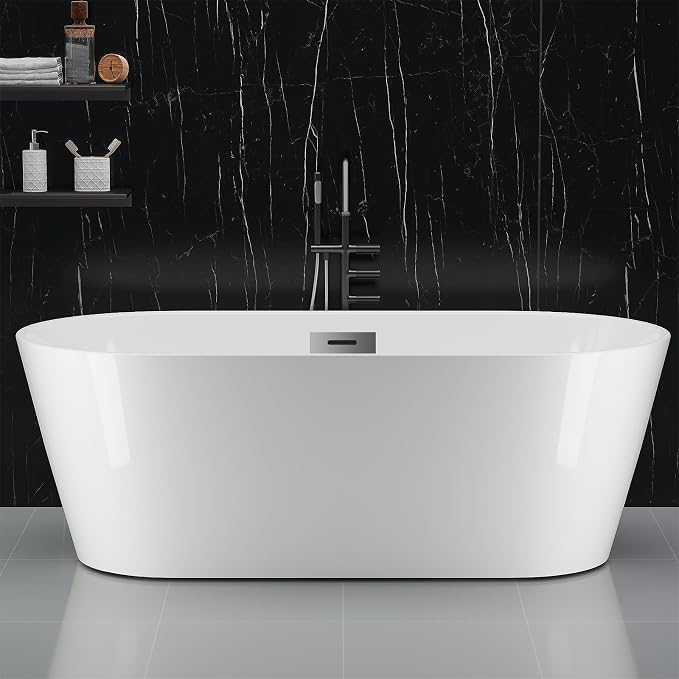 59 in Acrylic Freestanding Bathtub, Contemporary Stand Alone Tub, Glossy White - Image 8