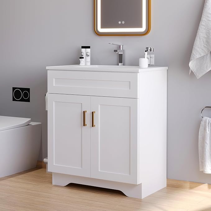 Bathroom 30" Vanity with Ceramic Sink, Wooden Double Door Bathroom Storage by Chyanmoo