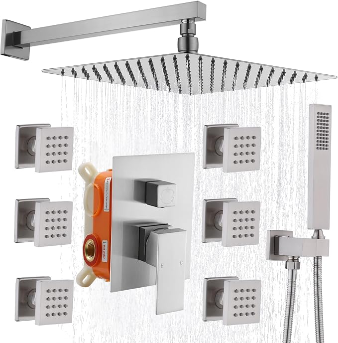 Enga Shower System with Body Jets 12 Inch Wall Mounted Rain Shower and Handheld by Enga