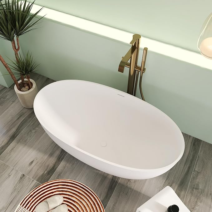 55" Premium Solid Surface Freestanding Bathtub, Upgraded Oval Stone Resin Tub - Image 2