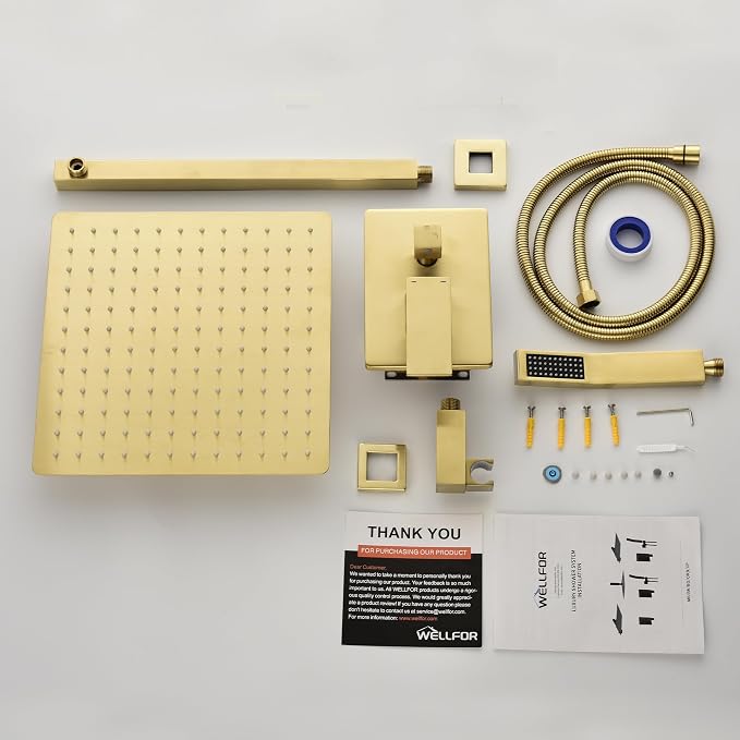 WELLFOR Brushed Gold 12" Wall Mounted Shower Faucet Set Single Handles - Image 5