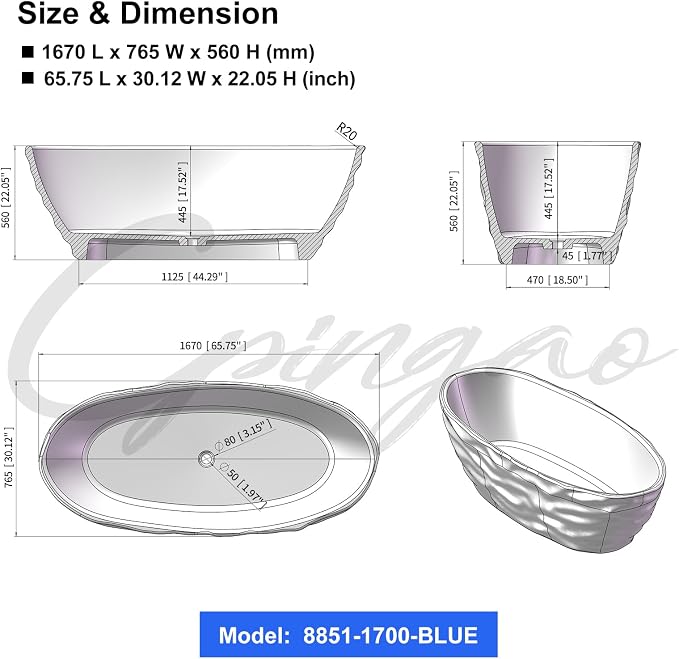 Cpingao 66" Resin Transparent Freestanding Bathtub, Contemporary Oval Stand - Image 6