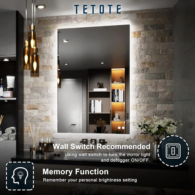 TETOTE 24 x 36 Inch LED Mirror Backlit Bathroom, Anti-Fog Mirror - Image 5
