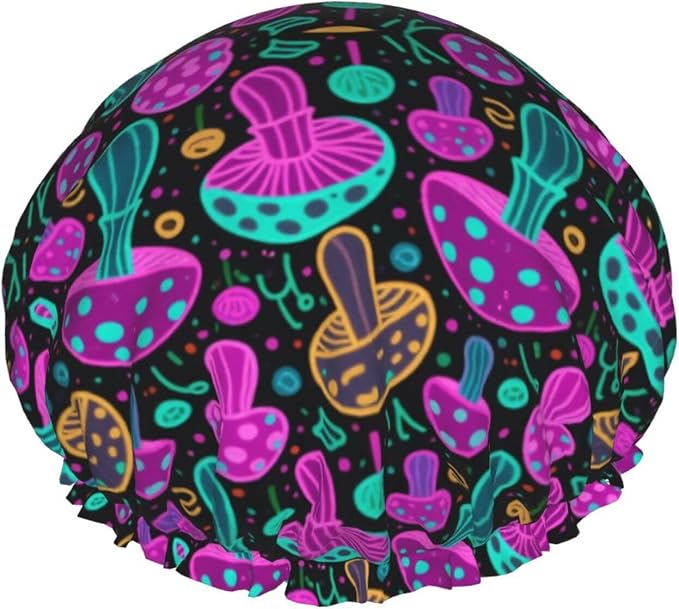 Double Layers Shower Caps for Women Girls, Colorful Mushroom Neon Glow in Dark by Unknown