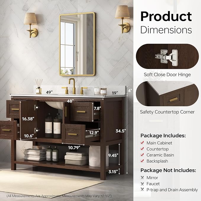 48 Inch Bathroom Vanity with Sink, Farmhouse Storage Cabinet with Drawers & - Image 5