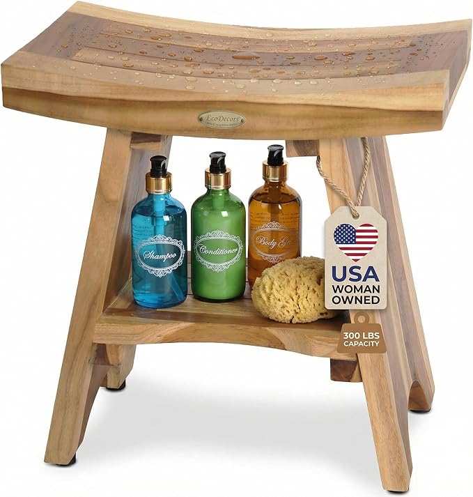 EcoDecors Teak Shower Bench 18", 300 lb Capacity – Waterproof Wood Bath Seat by EcoDecors