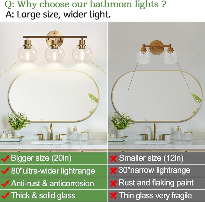 2025 Upgrade 3-Light Bathroom Light Fixtures, Brushed Brass Bathroom Lights - Image 2