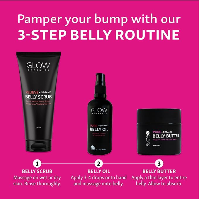Glow Organics Stretch Mark Cream Belly Butter, Scrub and Oil, 3-Step Pregnancy - Image 2