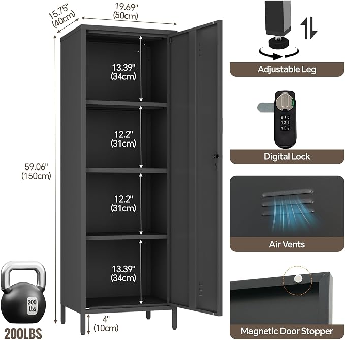 Locker Cabinet, 59.06" H Black Metal Locker Storage Cabinet - Image 5