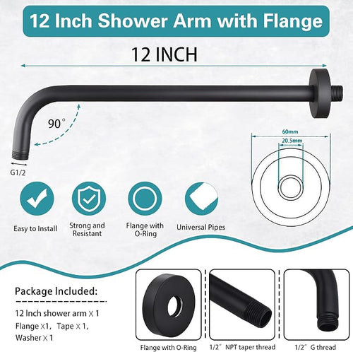 12 Inch Shower Arm with Flange, Stainless Steel 90 Degree Rain Shower Head - Image 2