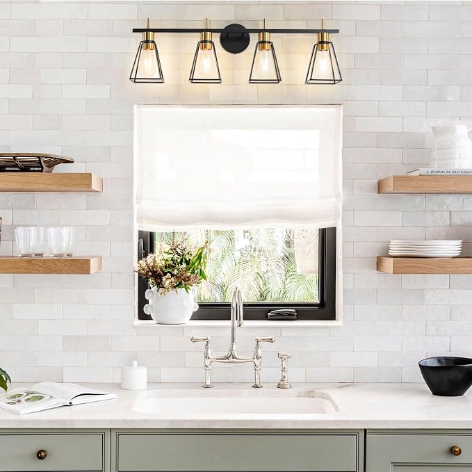 Industrial Bathroom Vanity Lights: 4 Light Black and Gold Vintage Metal Cage - Image 5