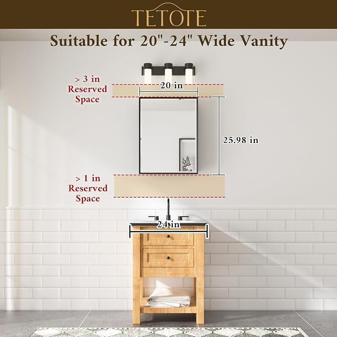 TETOTE 20" x 26" Recessed Medicine Cabinets Black Bathroom Storage - Image 3