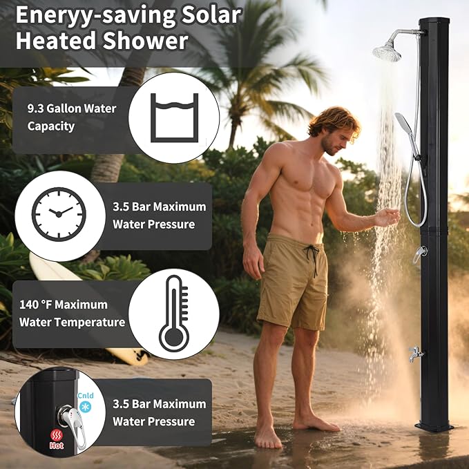 9.3 Gallon Solar Heated Outdoor Shower, 7.2FT Height, 360°Rotating Rainfall + - Image 5