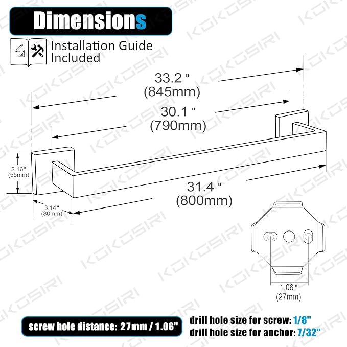 KOKOSIRI 32-Inch Single Towel Bar, Bathroom Kitchen Towel Holder, Wall Mounted - Image 2