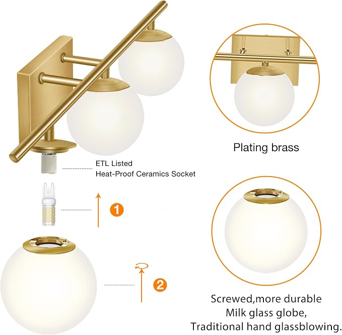 New Bathroom Vanity Light 3 Lights Fixtures Brushed Brass Milk White Globe - Image 3