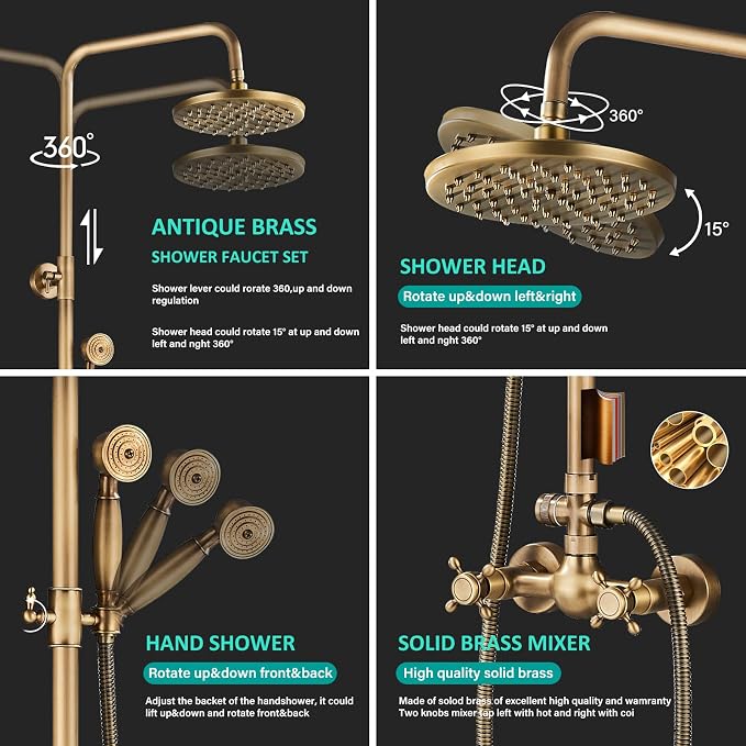 NeierThodore Antique Brass Bathroom Shower Faucet System Set 8 Inch Rainfall - Image 3