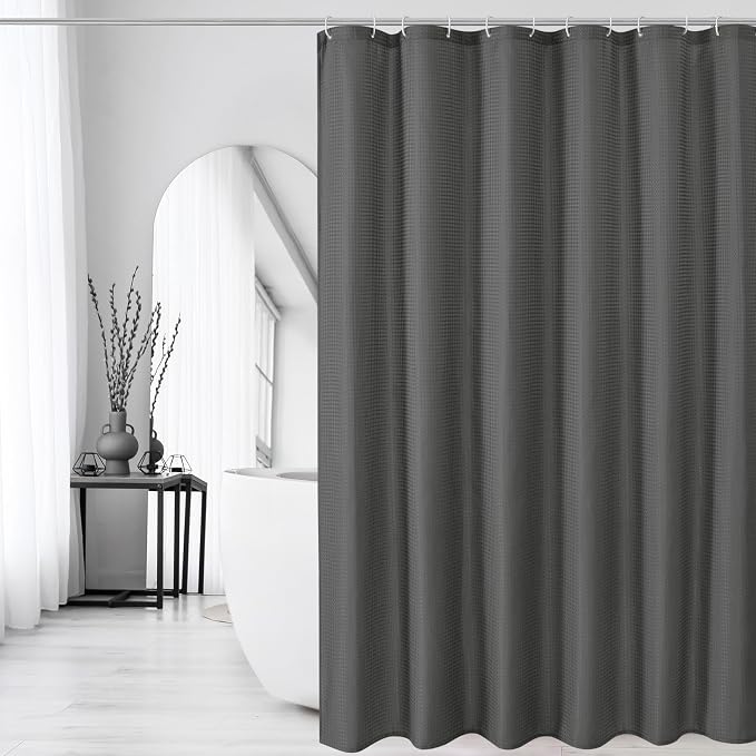 Gibelle Charcoal Grey Shower Curtain, Waffle Weave Textured Fabric Shower - Image 6