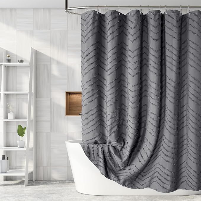 Extra Long Grey Boho Shower Curtain 84 Inch Grey Tufted Chevron Striped Fabric by TURKIO