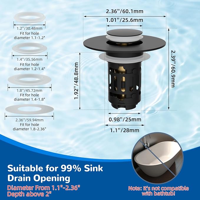 Hibbent 2 Pack 3 in 1 Bathroom Sink Drain Strainer, Universal Pop Up Stopper - Image 8