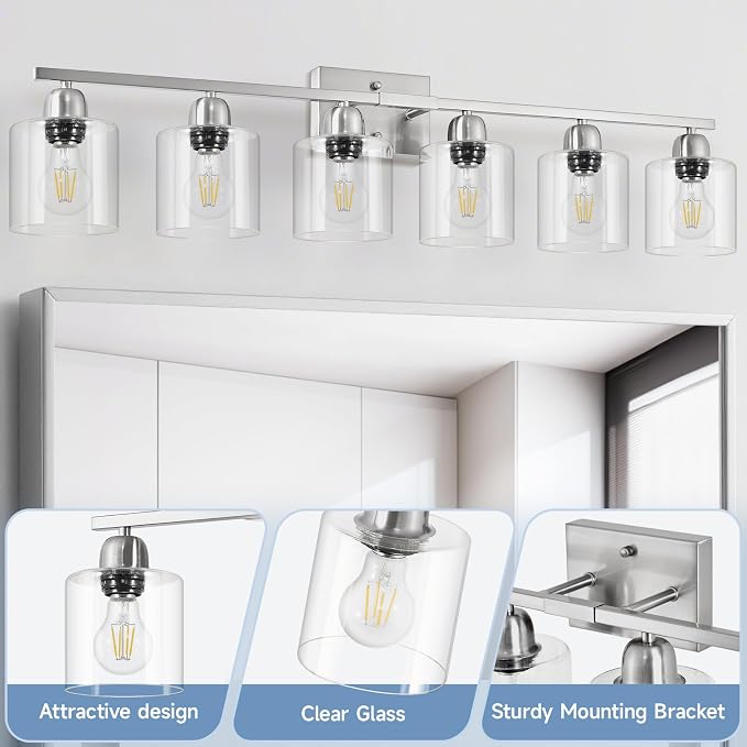 Modern Brushed Nickel 6 Light Bathroom Light Fixtures, 38 inch Vanity Lights - Image 3