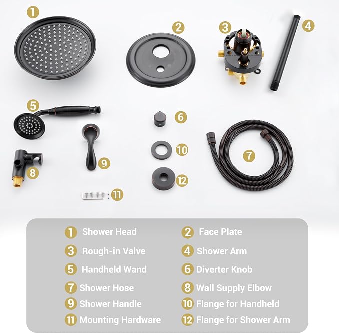 DASAN Oil Rubbed Bronze Rain Shower System Complete Antique Shower Faucet Sets - Image 7