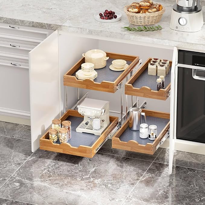 OCG 2 Tier Pull Out Cabinet Organizer, Double Tier Slide out Wood Drawer Shelf - Image 6