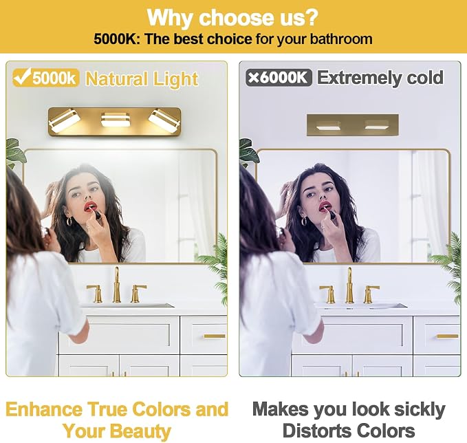 360° Rotate LED Dimmable Bathroom Vanity Light Fixtures, 1300LM Acrylic Gold - Image 3