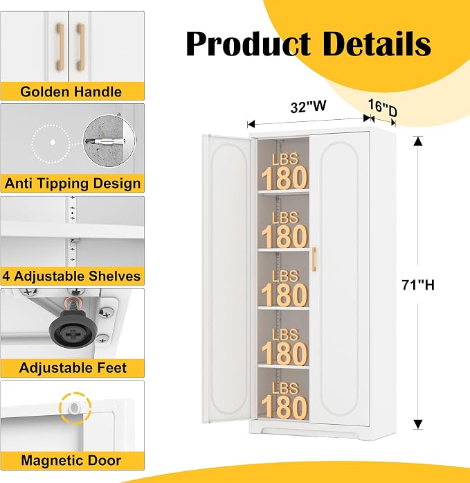 Kitchen Pantry Cabinet, 71”Metal White Storage Cabinet - Image 3