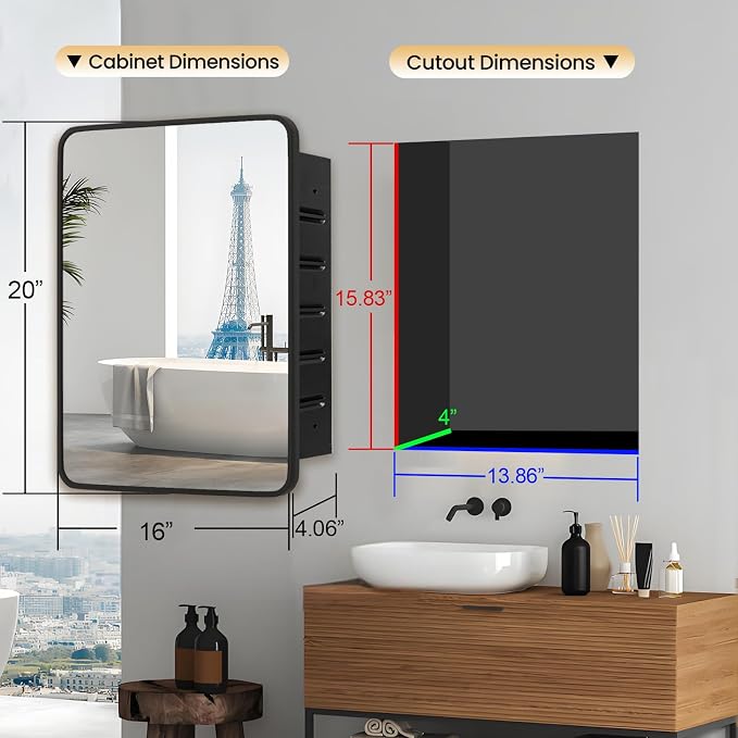 Black Medicine Cabinet 16x20 inch, Bathroom Mirror - Image 2