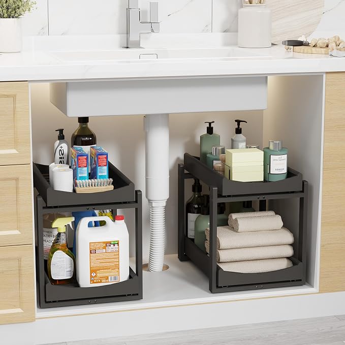 Bamboo Under Sink Organizer Adjustable Height 2 Tier Bathroom Organizer Pull by Unknown
