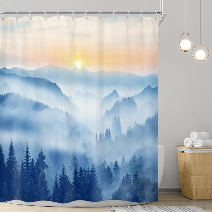 Riyidecor Misty Mountain Shower Curtain 60Wx72H Inch Blue Spring Scenery - Image 2