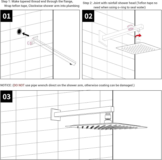 Square Shower Arm with Flange 16 Inch Wall Mounted Rainfall Shower Head - Image 6