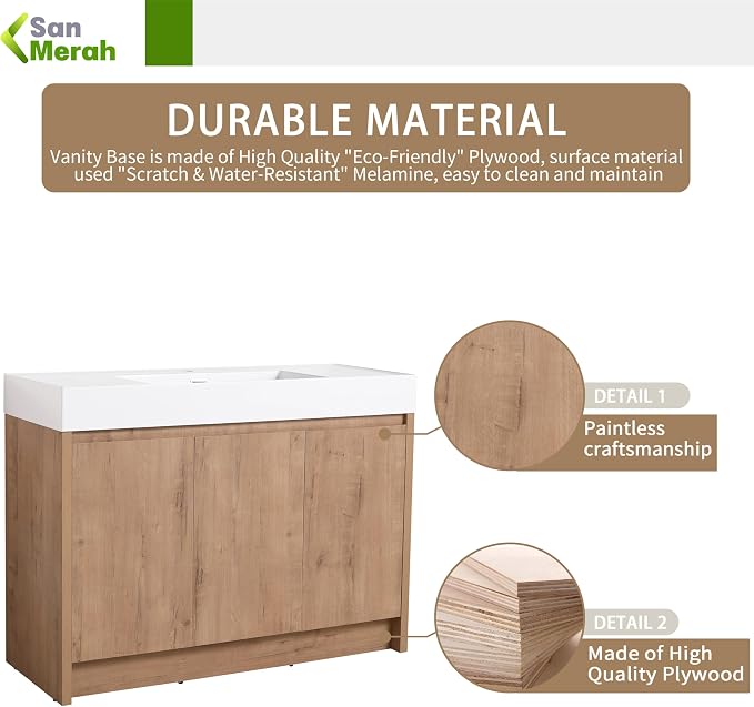 48 inch Bathroom Vanity with Sink, Single Resin Sink Bathroom Cabinet, Modern - Image 4