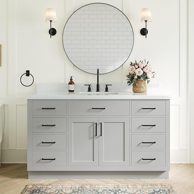 ARIEL Hepburn 60" Grey Bathroom Vanity, 1.5" Edge Carrara Quartz Countertop & by Ariel