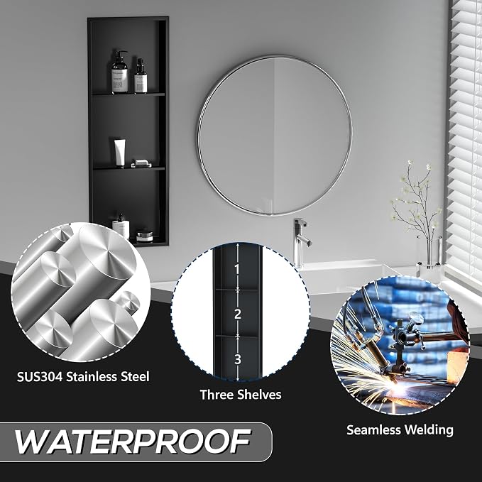 Neodrain 3-Tier 12X36 Inch Recessed Shower Niche Tile Ready, Matte Black - Image 4