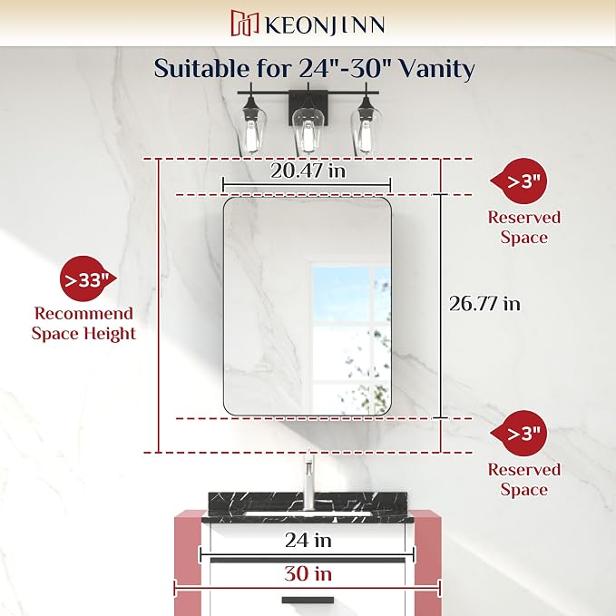 Keonjinn 20 x 26 Inch Black Recessed Medicine Cabinets, Bathroom Mirrored - Image 3