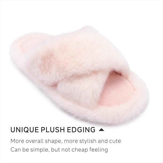 Chantomoo Womens Slippers Memory Foam Fuzzy Cross Band Faux Fur Slippers - Image 2