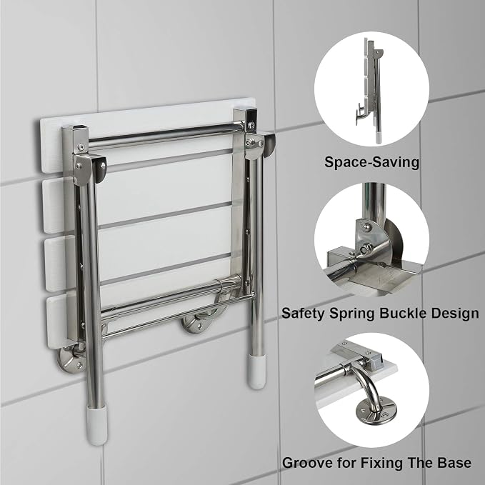 Folding Shower Seat Wall Mounted Bathroom Bathtub Safety Stool Chair, Solid Wood - Image 5