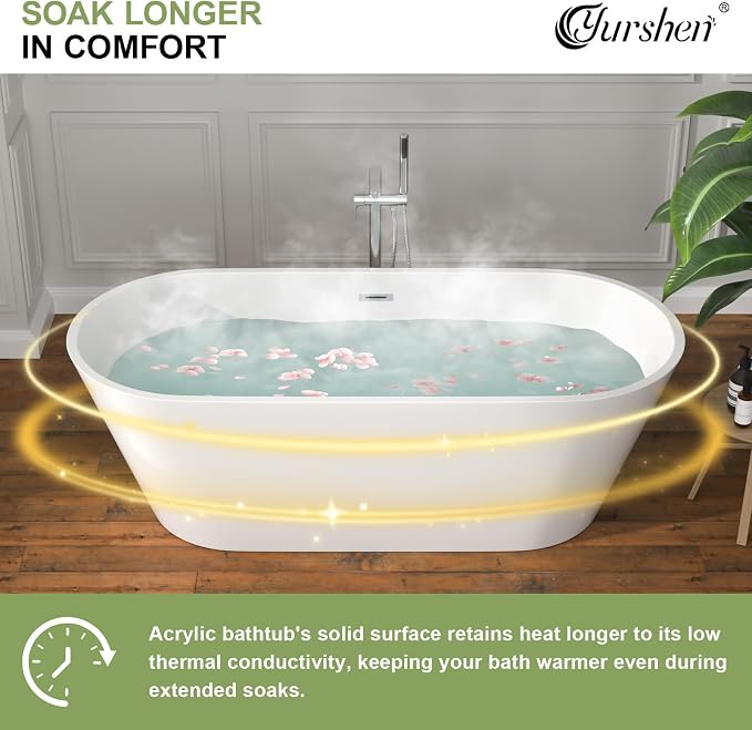 67 Inch Freestanding Acrylic Soaking Tub White Roll Top Deep Bathtub - Image 5